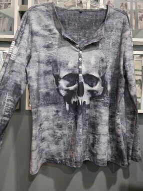 Grey Skull Print Long Sleeve Henley Top -men